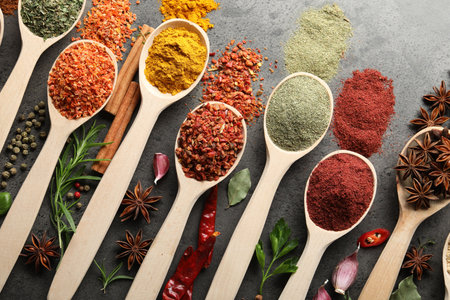 Many different spices in spoons on grey table, flat layの写真素材