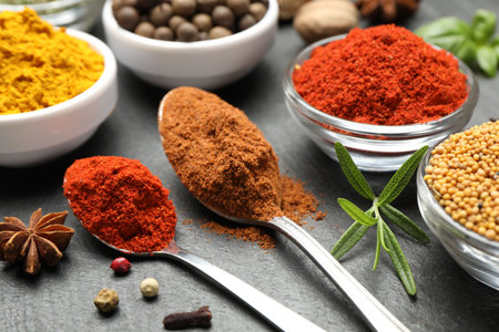 Different aromatic spices on black table, closeupの写真素材