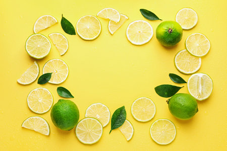 Frame of fresh limes and green leaves on yellow background, flat lay. Space for text