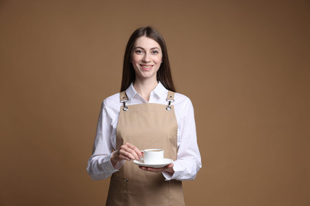 Portrait of smiling barista with cup of hot drink on beige background