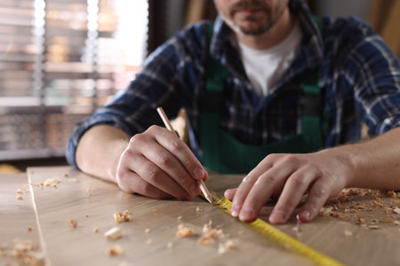 Man measuring plank with tape and pencil at wooden table indoors, closeupの写真素材