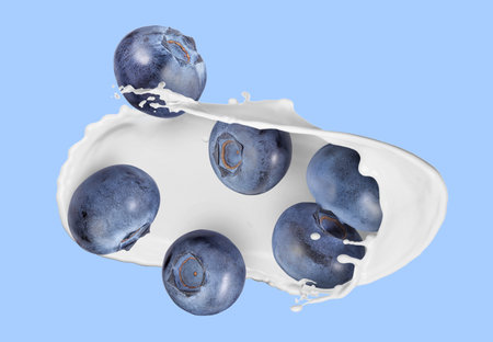 Milk splash and fresh blueberries in air on light blue backgroundの写真素材