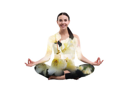 Young woman practicing yoga on white background, double exposure with flowersの写真素材