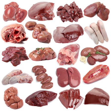 Fresh raw organ meats on white background, setの写真素材