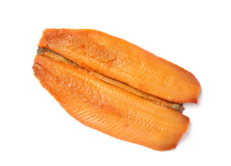 One smoked herring fillet isolated on white, top view
