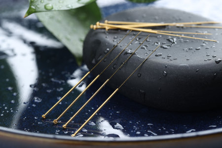 Acupuncture needles, wet spa stone and leaves on blue tray, closeupの写真素材