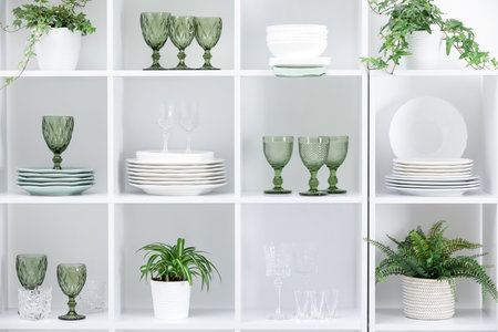 Clean glasses, plates and green houseplants on shelves near white wall indoorsの写真素材