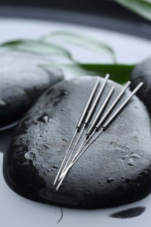 Acupuncture needles, wet spa stones and leaves on water surface, closeupの写真素材