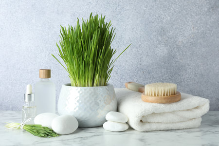 Spa composition with wheatgrass on white marble tableの写真素材