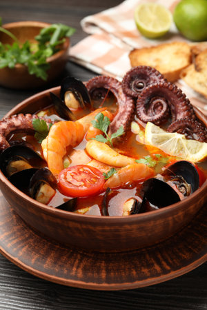 Tasty seafood soup in bowl on wooden table, closeupの写真素材