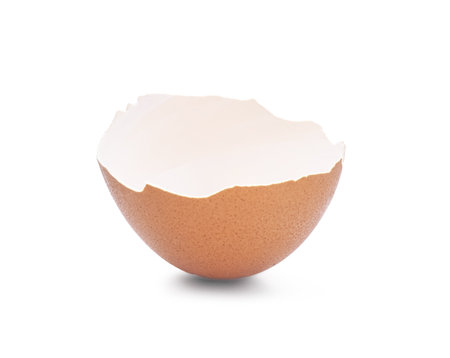 Piece of cracked eggshell isolated on whiteの写真素材