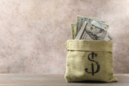 Bag with dollar banknotes on wooden table, space for textの写真素材