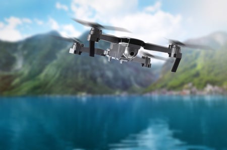 Drone with camera flying over sea. Unmanned aerial vehicle for surveillance