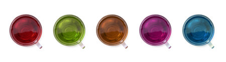 Different types of brewed tea in glass cups on white background, set. Top viewの写真素材