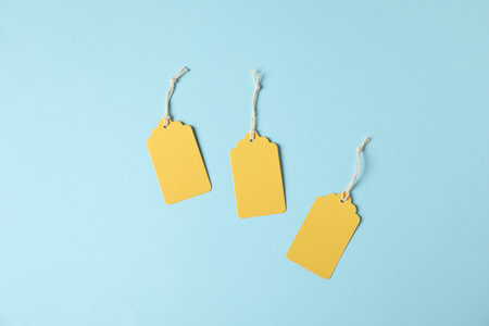 Blank tags with strings on light blue background, flat layの写真素材