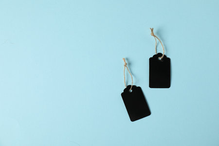 Blank tags with strings on light blue background, flat lay. Space for textの写真素材