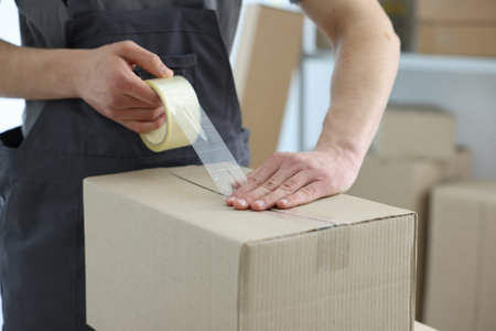 Man sealing cardboard box with adhesive tape indoors, closeupの写真素材