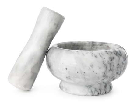 Marble mortar with pestle isolated on whiteの写真素材