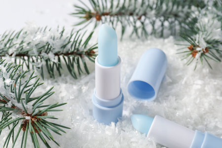 Moisturizing lip balms and fir tree branches on artificial snow, closeup. Winter careの写真素材