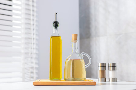 Oil, vinegar and spices on table in kitchenの写真素材