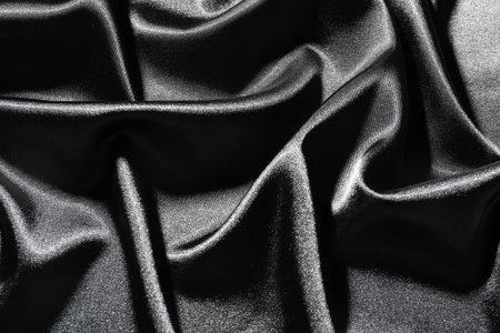 Black crumpled silk fabric as background, top viewの写真素材