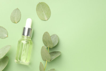 Bottle of essential oil and eucalyptus leaves on green background, flat lay. Space for textの写真素材