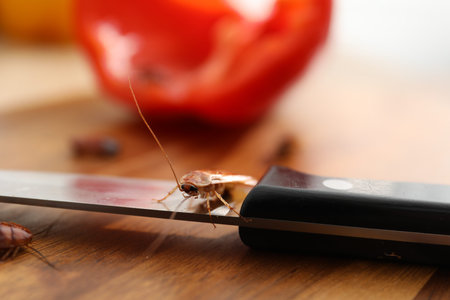 Cockroach and knife on wooden table, closeupの写真素材