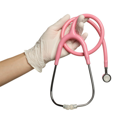 Doctor in medical glove holding stethoscope on white background, closeupの写真素材