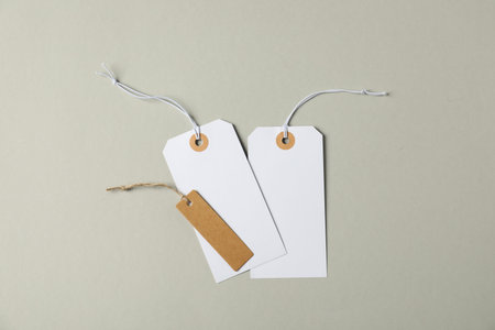 Blank tags with strings on grey background, flat layの写真素材