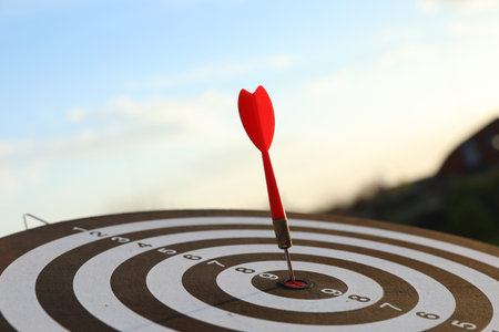 Targeting. Dart board with arrow outdoors, closeup