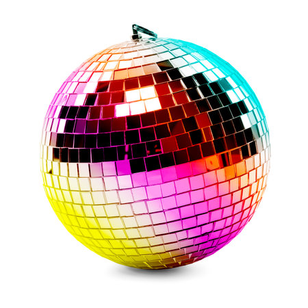 One bright shiny disco ball on white backgroundの写真素材