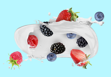 Milk splash and different fresh berries in air on light blue backgroundの写真素材
