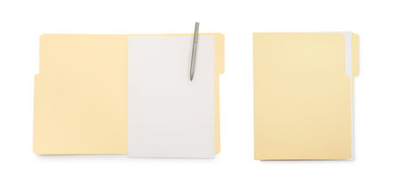 File folder with sheets of paper isolated on white, collage. Top view