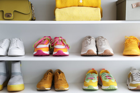 Different footwear, clothes and bag on shelves indoors. Shoe storageの写真素材