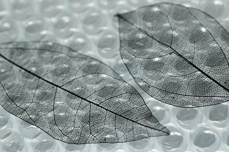 Beautiful skeleton leaves on bubble wrap, macro view