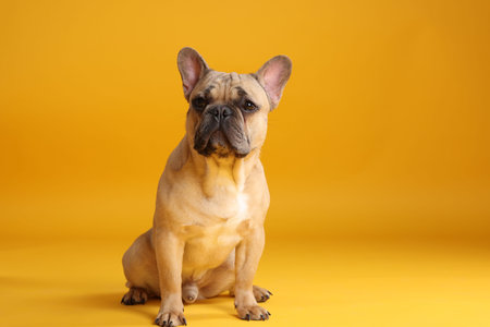 Adorable French bulldog dog sitting on yellow background. Space for textの写真素材