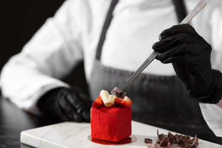 Confectioner decorating tasty dessert at black marble table in kitchen, closeupの写真素材