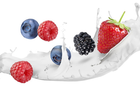 Milk splash and different fresh berries in air on white backgroundの写真素材