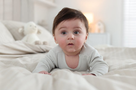 Bedtime. Cute little baby on bed at home