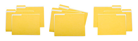 File folders with sheets of paper isolated on white, collage. Top viewの写真素材