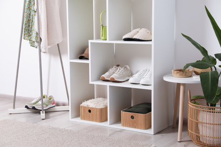 Shelving unit with different footwear, accessories, clothes and houseplant indoors. Shoe storageの写真素材