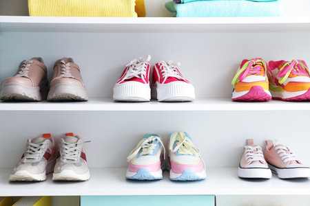 Different footwear on shelves indoors. Shoe storageの写真素材
