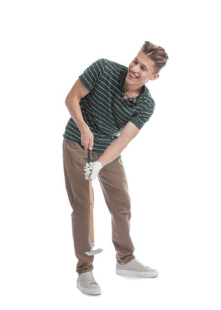 Man with golf club on white backgroundの写真素材