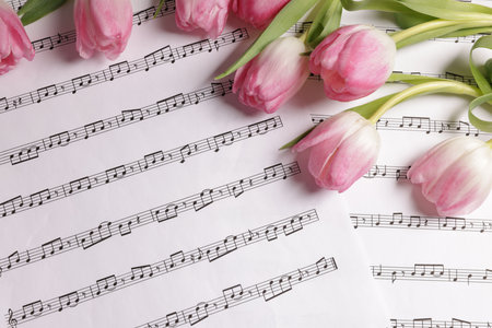 Beautiful tulips on sheets with music notes, top viewの写真素材