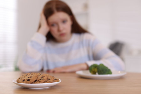 Sad teenage girl with broccoli and cookies at wooden table, selective focus. Eating disorderの写真素材