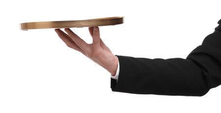 Man with empty tray on white background, closeupの写真素材