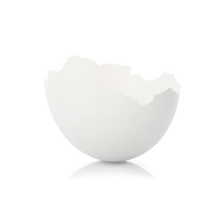 One piece of broken eggshell on mirror surface against white background