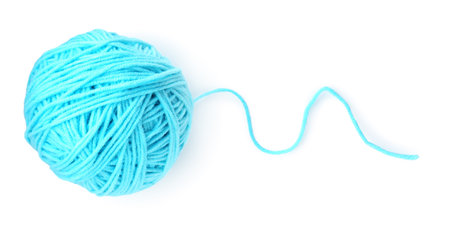 Ball of light blue yarn isolated on white, top viewの写真素材