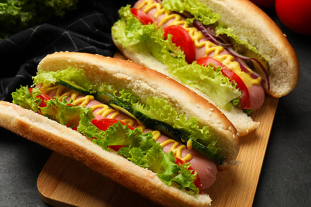Tasty hot dogs with vegetables on black table, closeupの写真素材