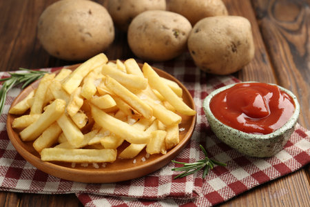 Tasty french fries served with ketchup and rosemary on wooden table, closeup